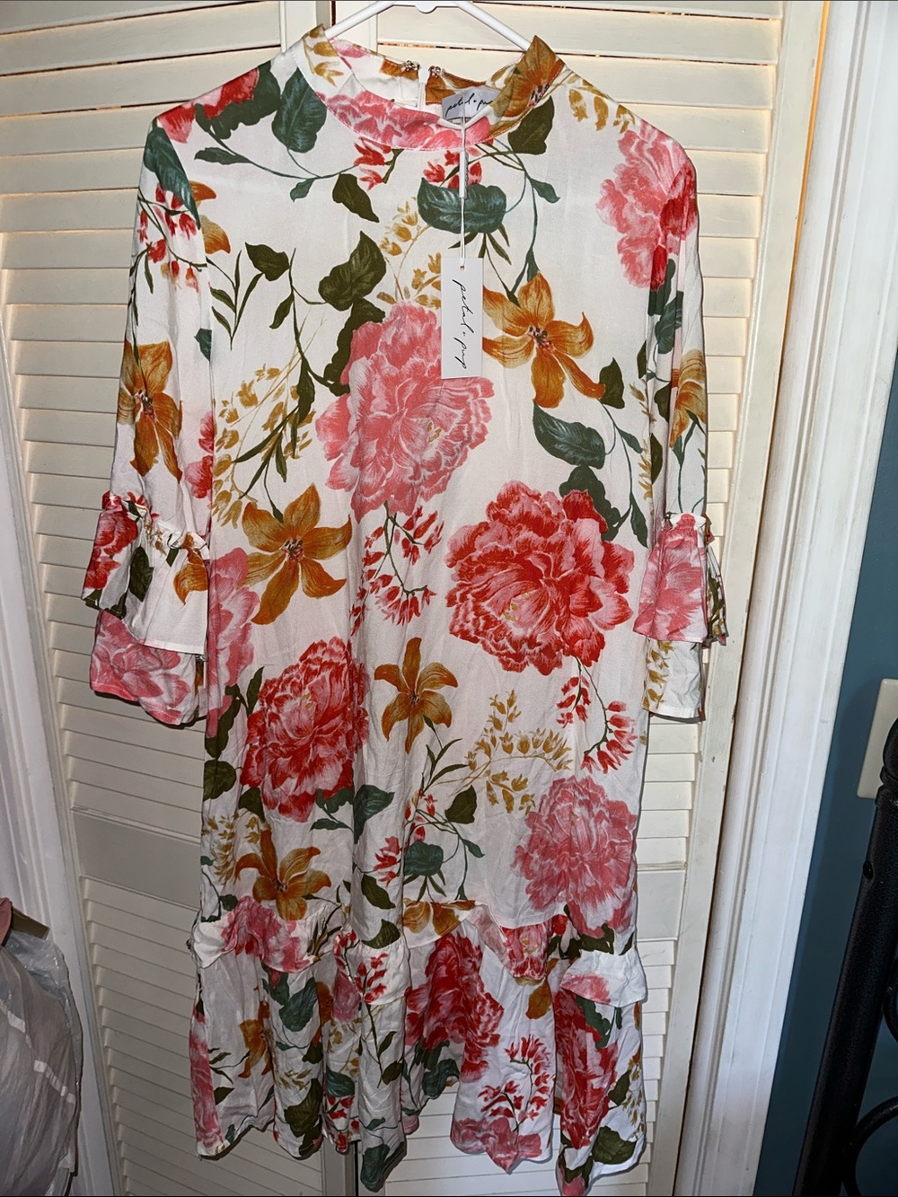 Petal & Pup Cream Midi Dress with Pink & Mustard Floral Print